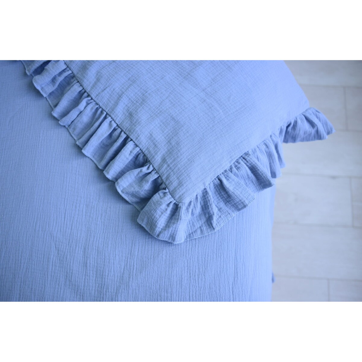 Pościel muślinowa z falbanką jeans 180x200 + 2x50x60