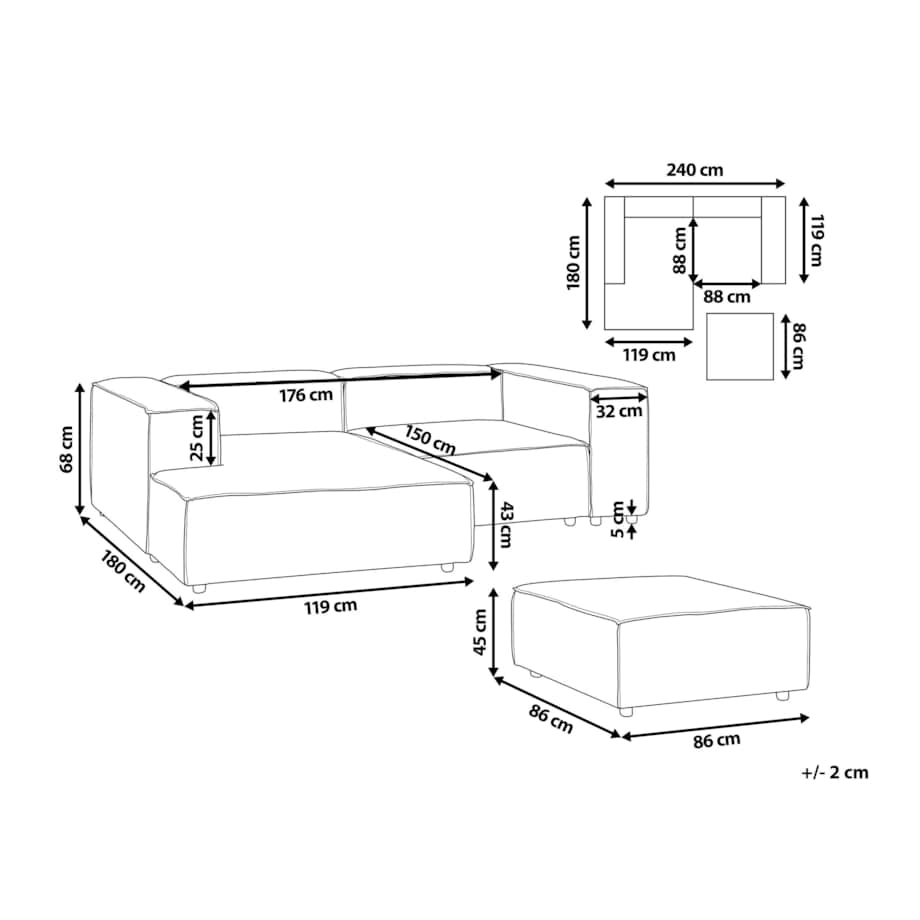 Narożnik modułowy 2-osobowy prawostronny z otomaną jasnoszary ARDAL