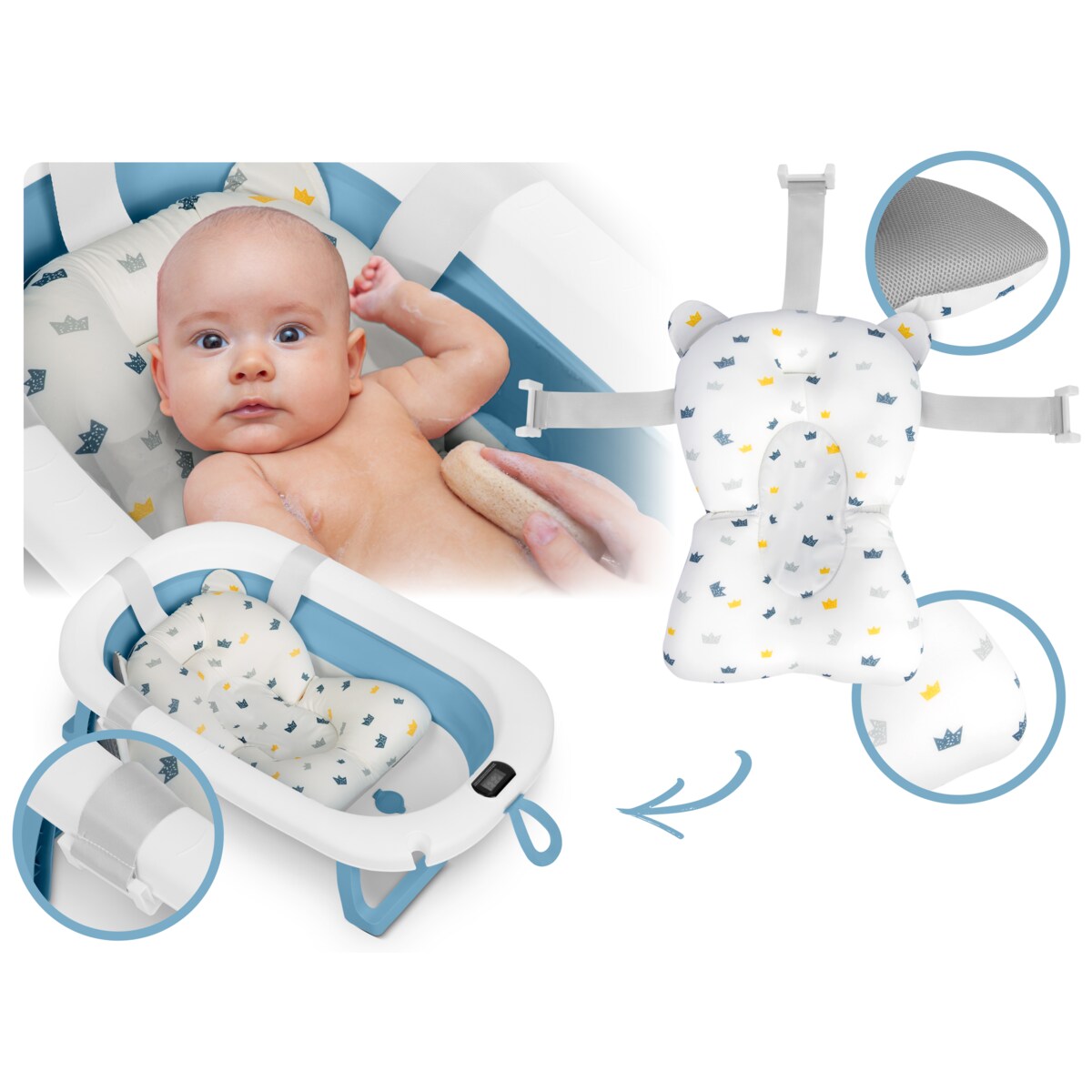 Wanienka składana dla dziecka niemowląt Ricokids silikonowa termometr LCD biało-niebieska