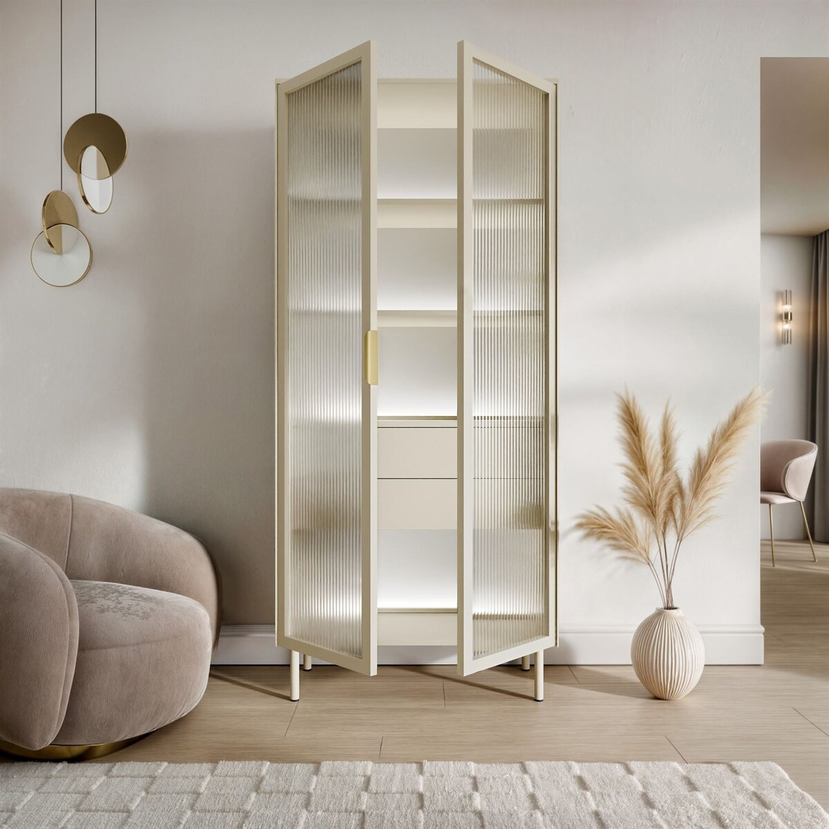 Witryna LINEA z oświetleniem LED, kaszmir