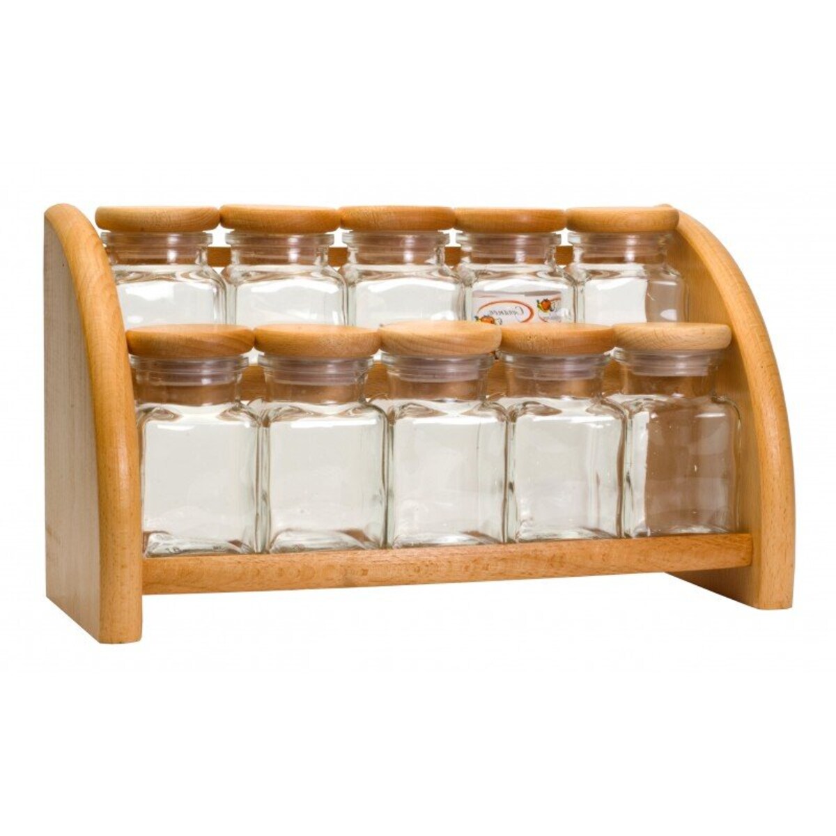 Drewniana półka na przyprawy ze szklanymi pojemnikami, 33 x 14 x 15 cm