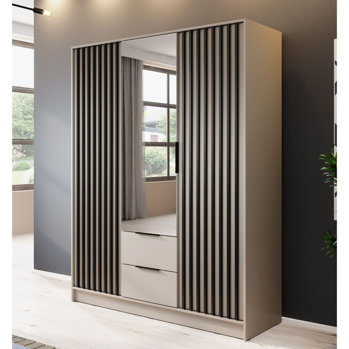 Szafa KELLY z lamelami i lustrem 155 cm - kaszmir