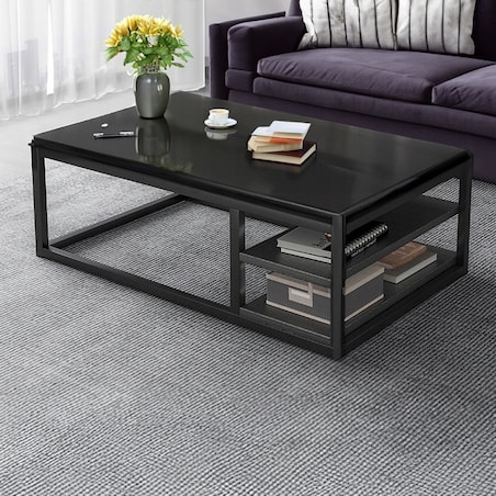 STOLIK KAWOWY NOWOCZESNY ŁAWA Z PÓŁKAMI POKÓJ SALON DUŻY CZARNY LOFT 120 CM