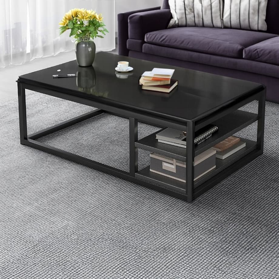 STOLIK KAWOWY NOWOCZESNY ŁAWA Z PÓŁKAMI POKÓJ SALON DUŻY CZARNY LOFT 120 CM