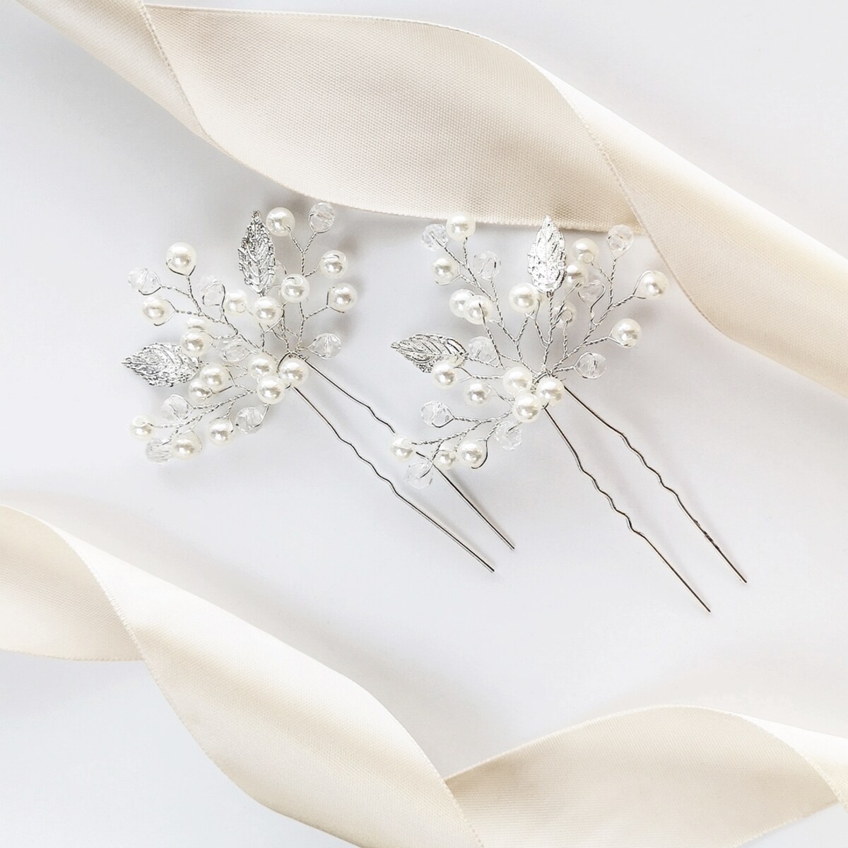 Zestaw kokówek wsuwek do fryzury ślubnej srebro LISTKI