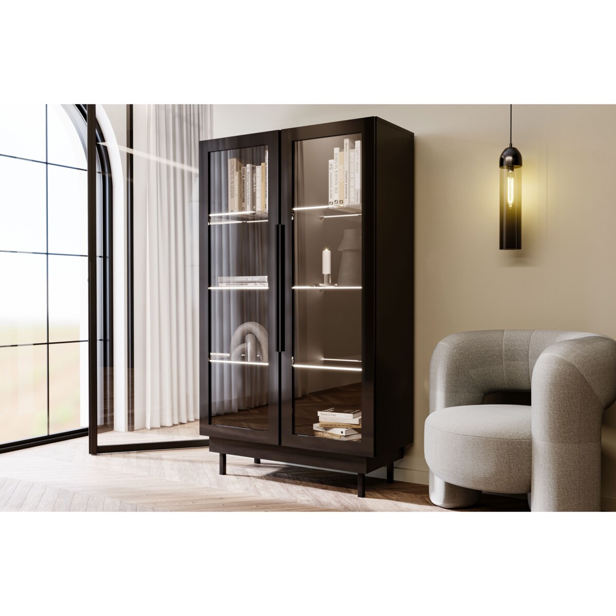 Elegancka czarna witryna Dancan ARTEMISA ze złotymi dodatkami