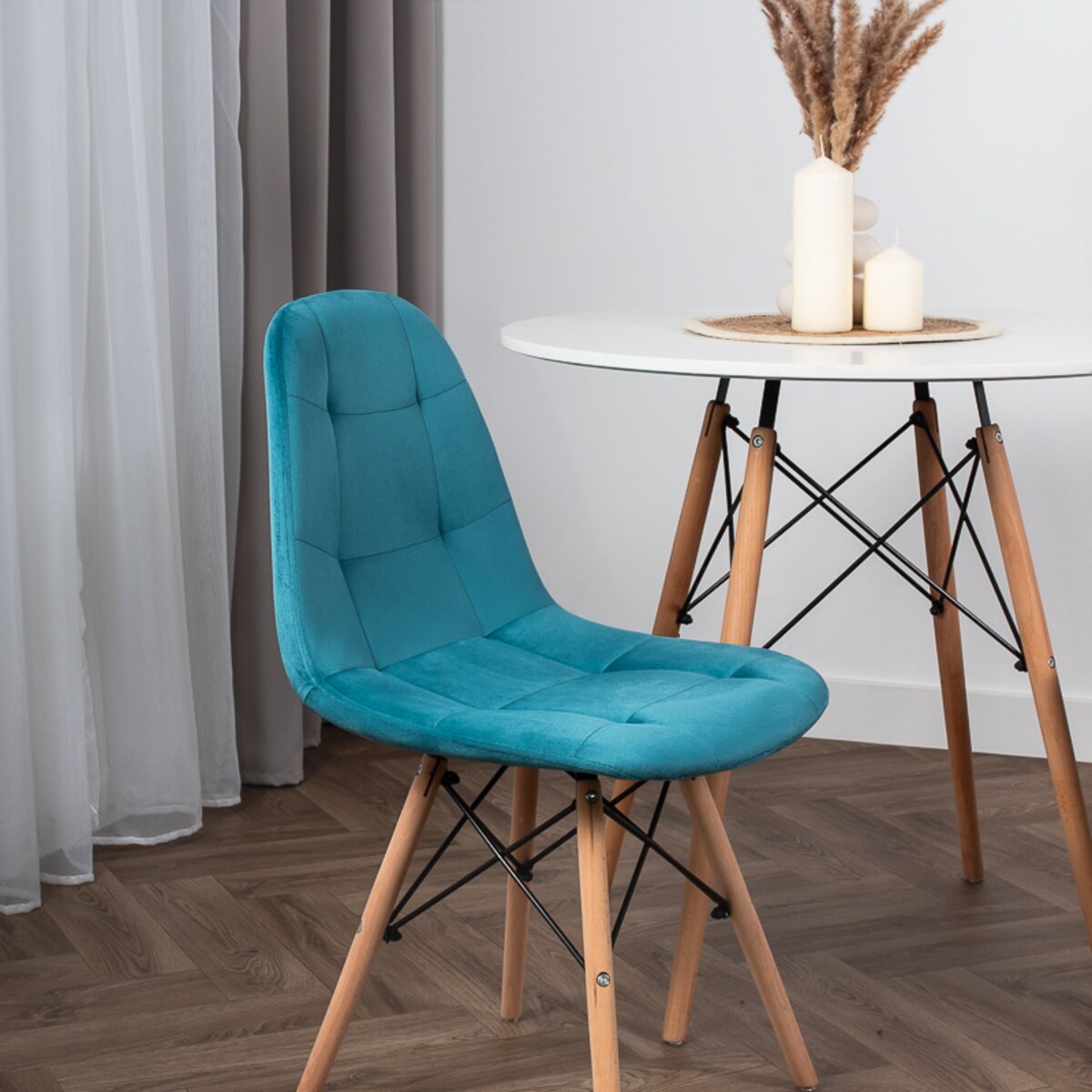 Krzesło tapicerowane skandynawskie nowoczesne welurowe turkusowe
