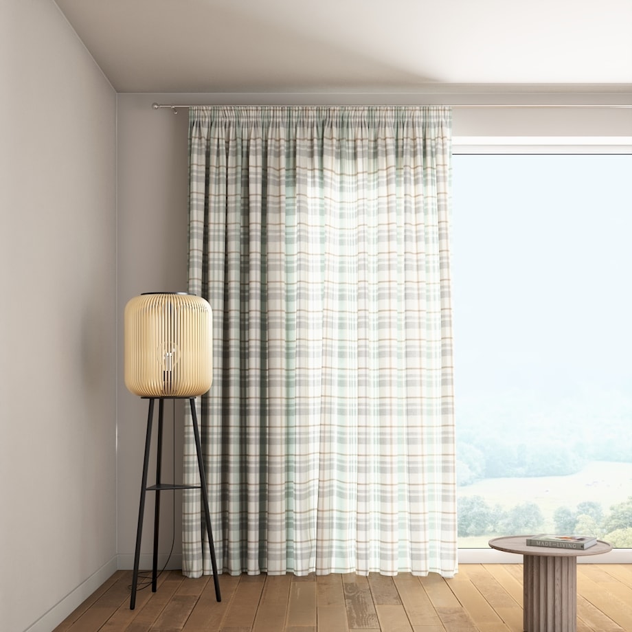 Zasłona na taśmie marszczącej 1 szt. 130x260 kratka zielono-szary melanż