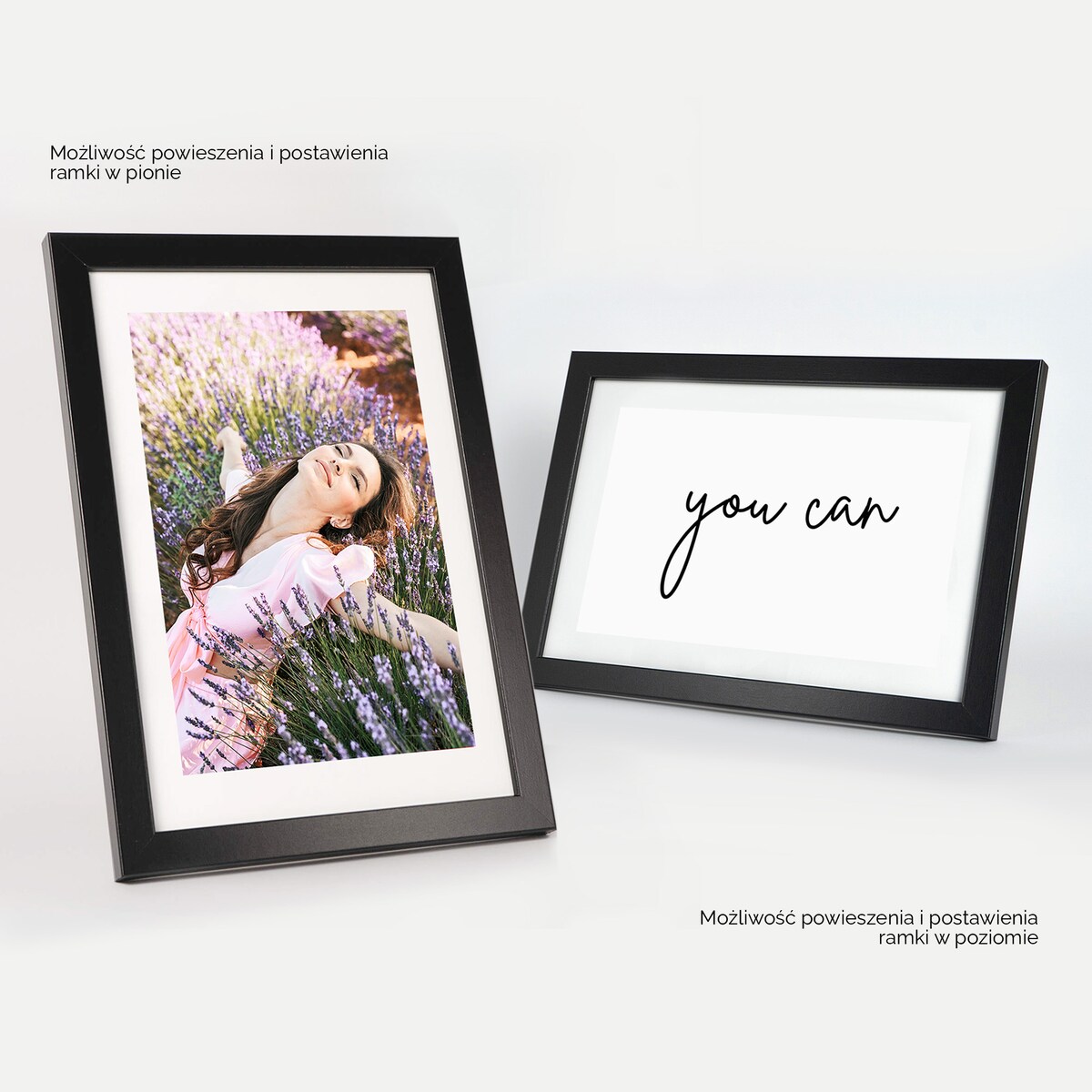 Ramka na zdjęcia 20x30 cm czarna rama MDF z plexi do powieszenia pion poziom stopka klasyczna ramka FRAMAI