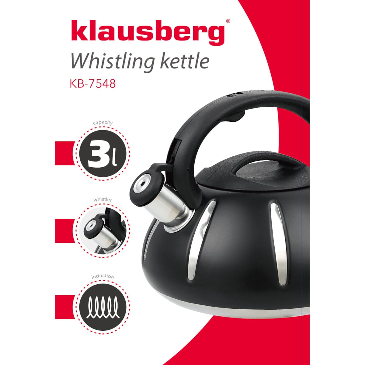 Czajnik stalowy z gwizdkiem lakierowany czarny 3.0L KLAUSBERG