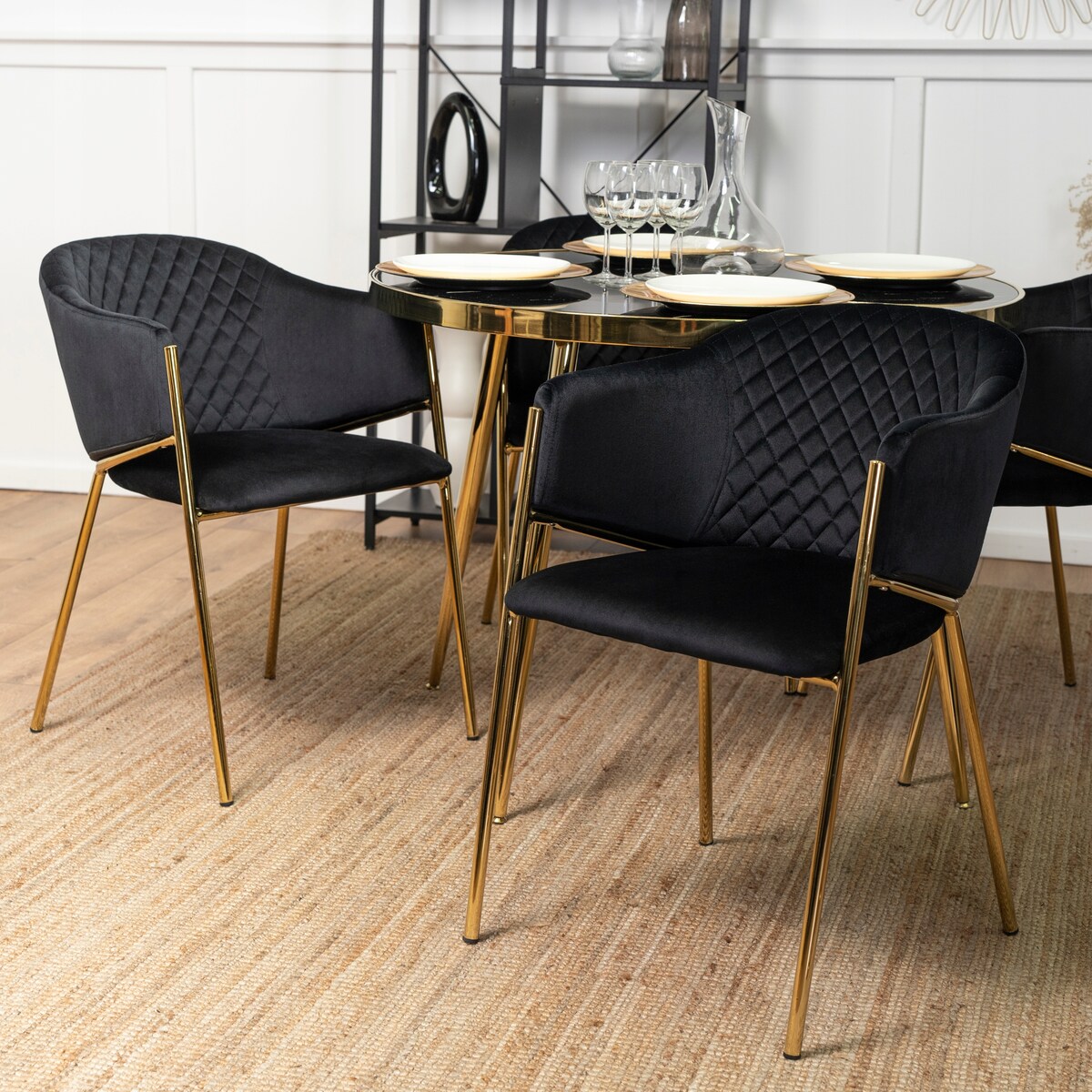 Krzesło Tapicerowane Welurowe Do Jadalni Salonu Glamour Czarne Złote INNES