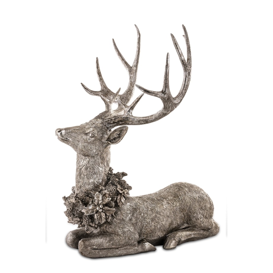 Dekoracja - figurka leżącego jelenia 50x38x28 cm SHIKA srebrny z wieńcem