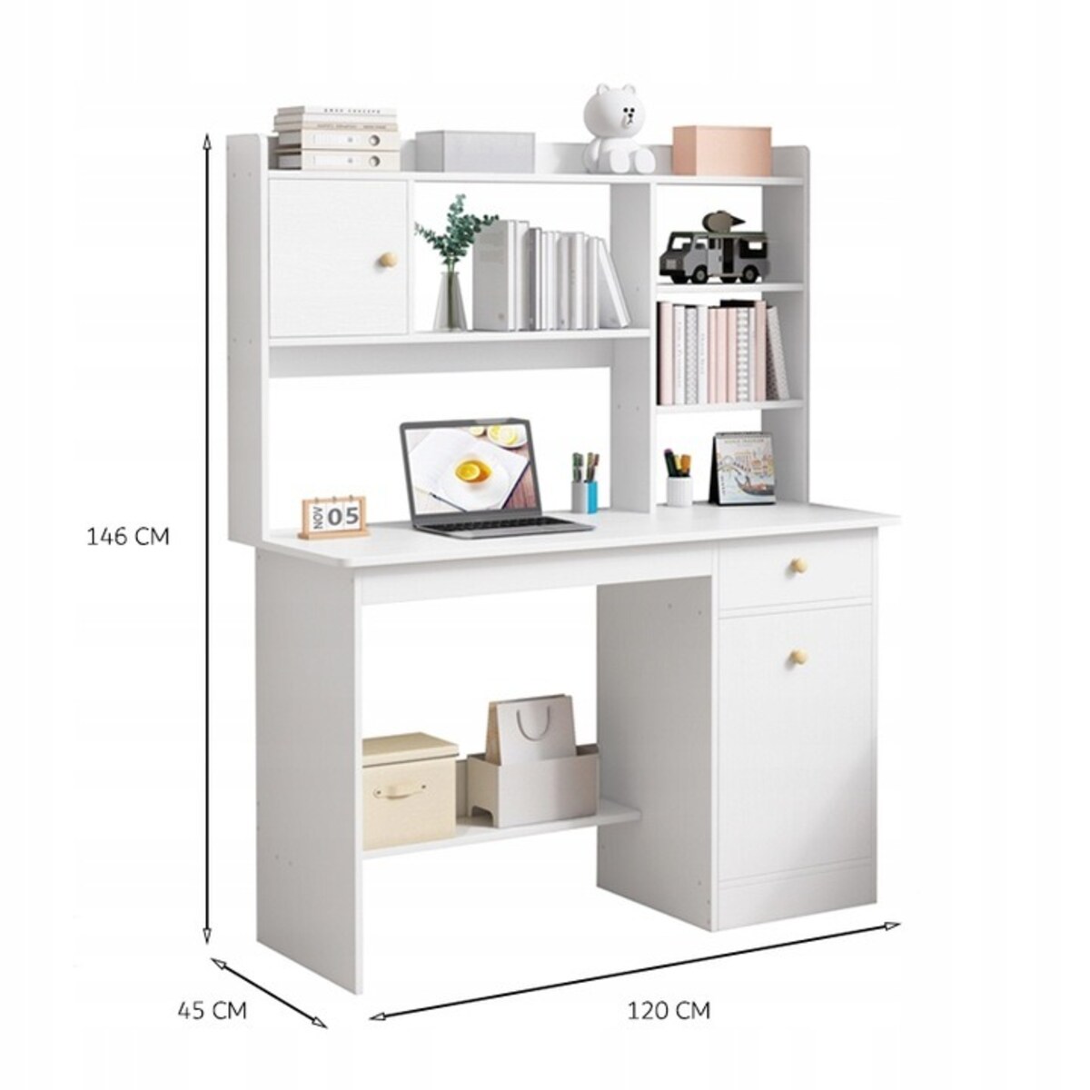 Biurko komputerowe białe loft z 7 półkami