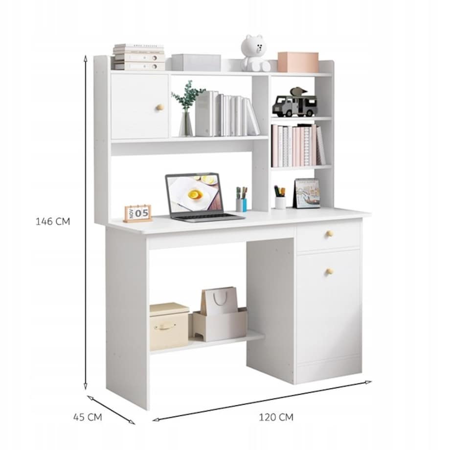 Biurko komputerowe białe loft z 7 półkami