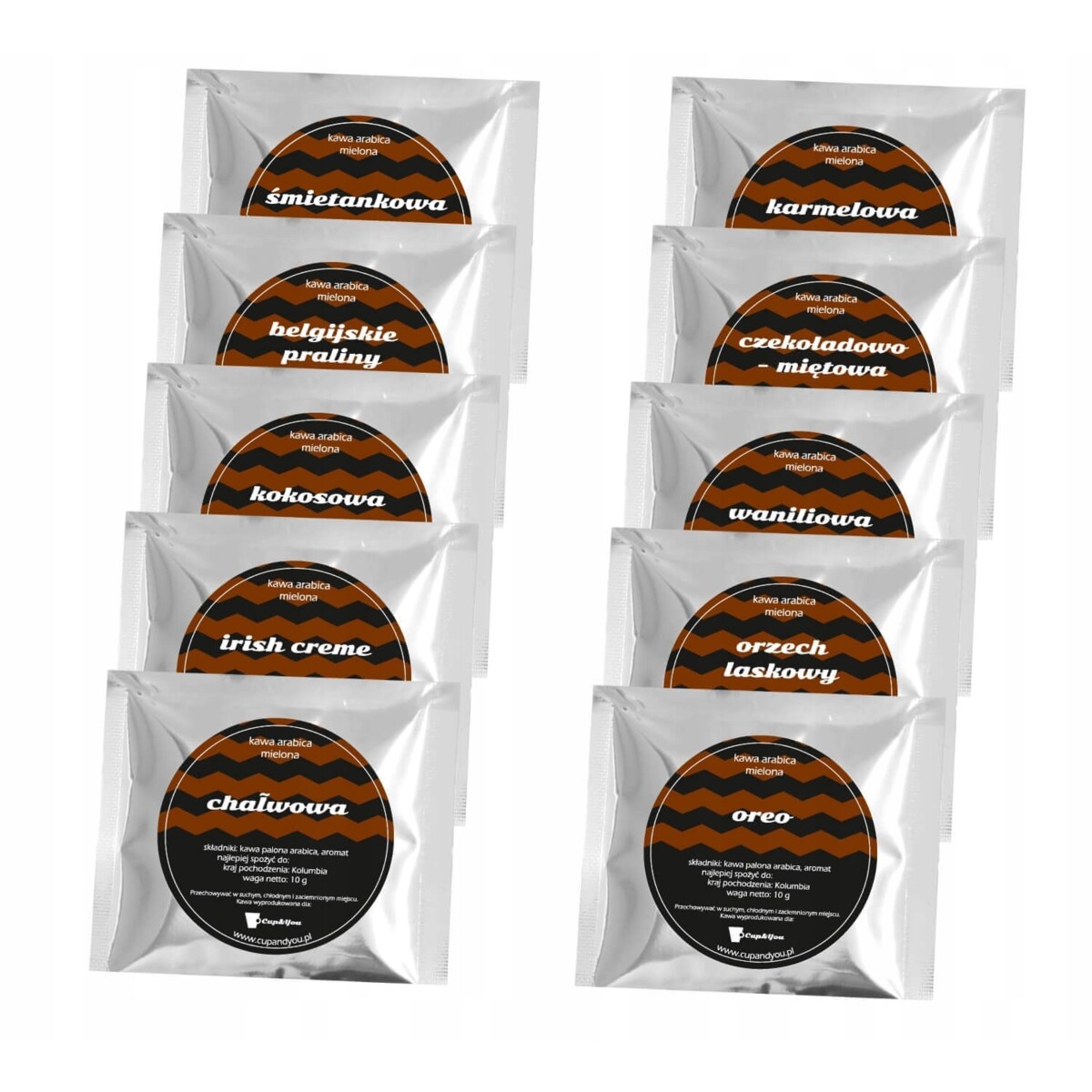 ZESTAW 10 KAW SMAKOWYCH W SASZETKACH PO 10 GRAM "COFFEE GIFT SET" - PREZENT UPOMINEK BOX PREZENTOWY NA PODZIĘKOWANIE DLA KOBIETY FACETA MĘŻCZYZNY NIEJ NIEGO