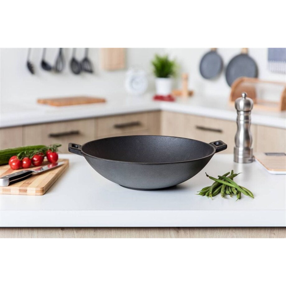PATELNIA ŻELIWNA WOK Garnek duża ciężka 36,5 cm z żeliwa kociołek