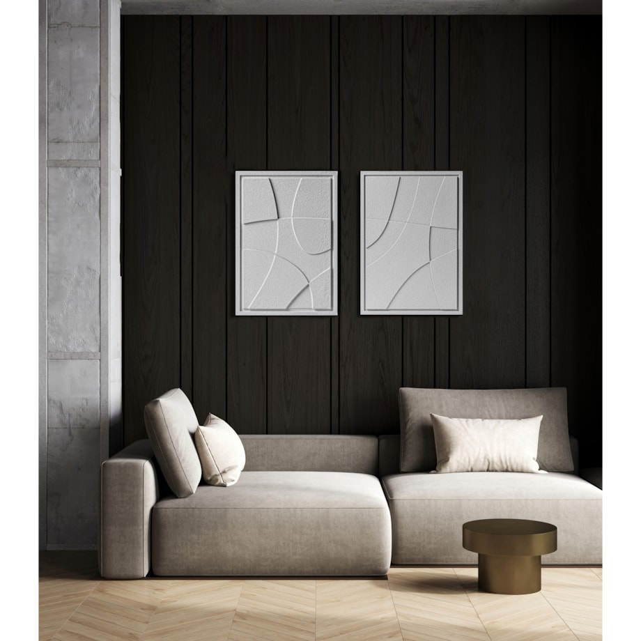Zestaw 2 Obrazy 3D 35x50cm Abstract – Dekoracje ścienne z Tynku Naturalnego, Milky Grey, Minimalistyczne Reliefy