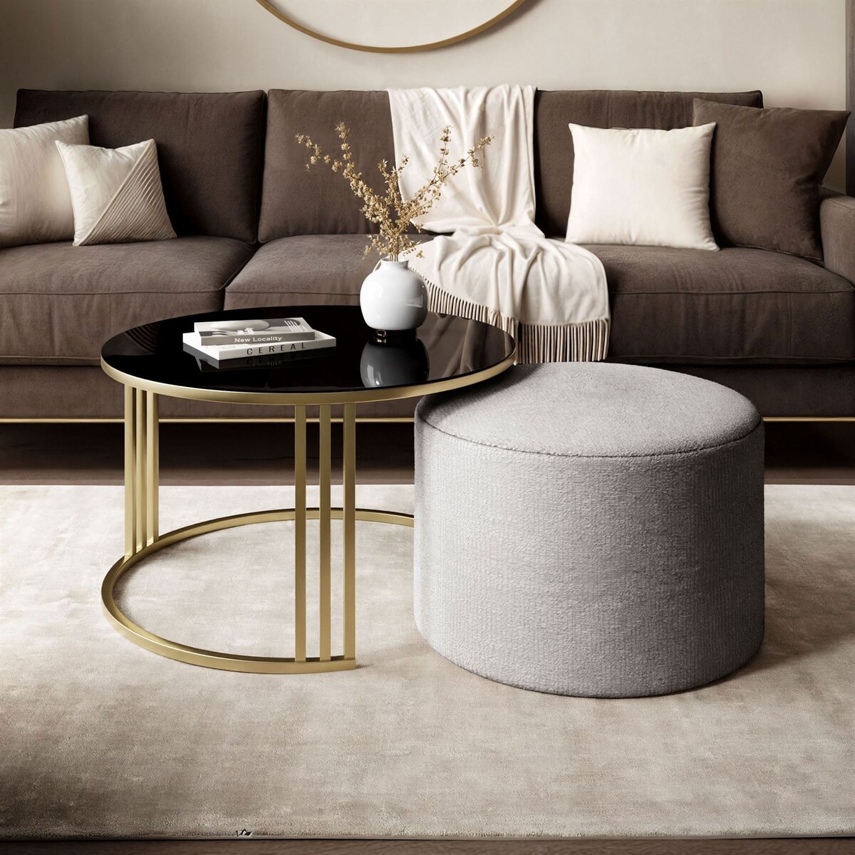 Stolik kawowy z pufą LORI GLASS złoto szczotkowane, czarne szkło / Perfect Harmony 82