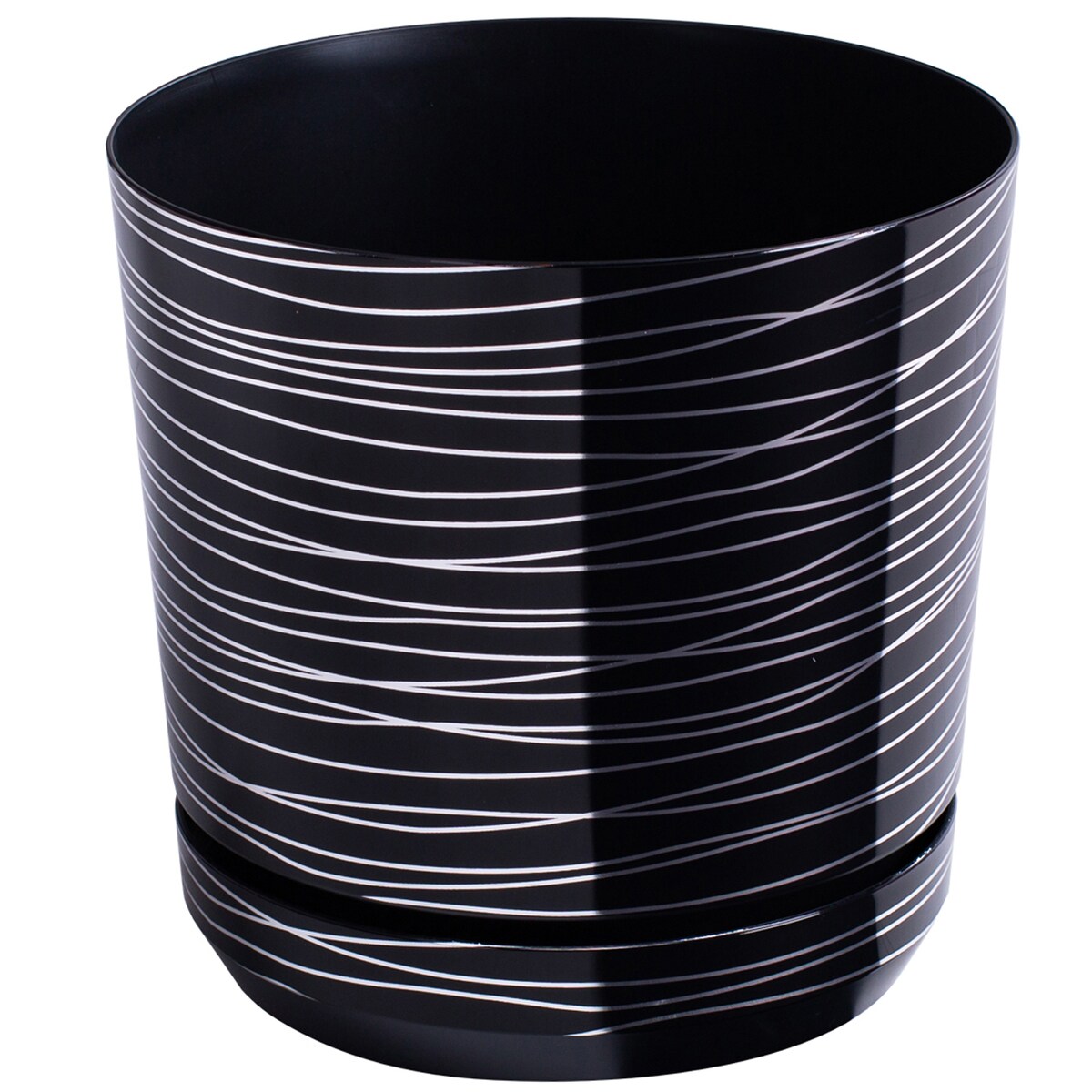 32 cm wzór CZARNA ZE SREBRNĄ NITKĄ Doniczka z podstawką glamour lustrzane srebrne paski połysk duża donica