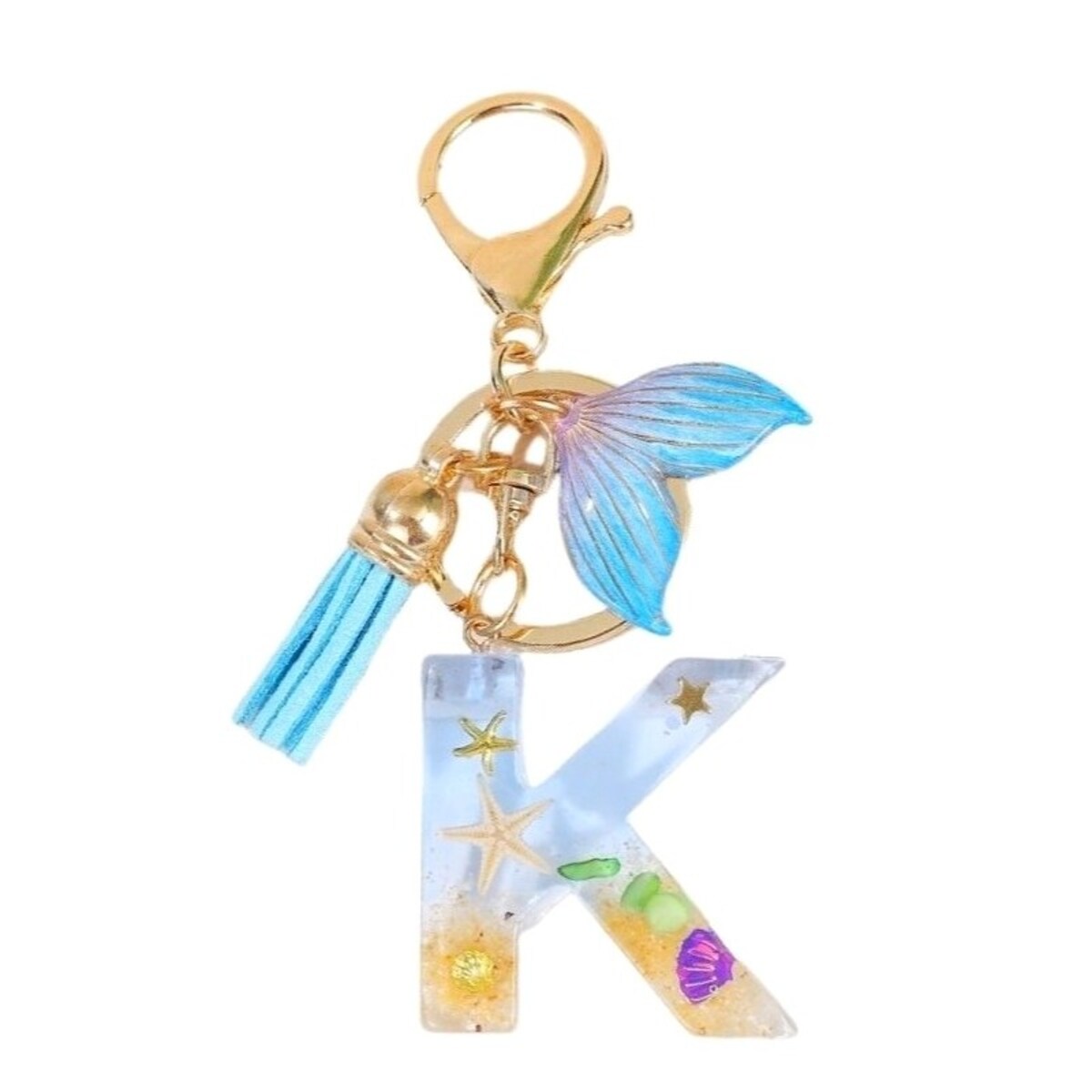Brelok do kluczy LITERKA "K" , MORSKI, ogon syreny, muszelki, frędzle BRL353K
