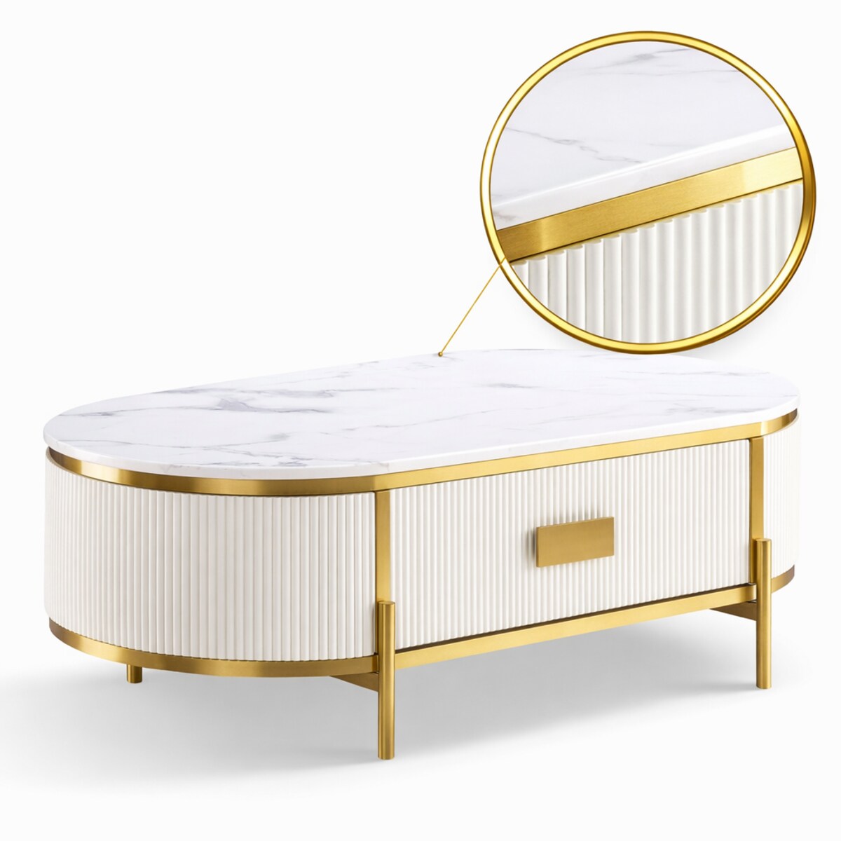 Stolik kawowy glamour z szufladą i marmurem Omega 124x71x48