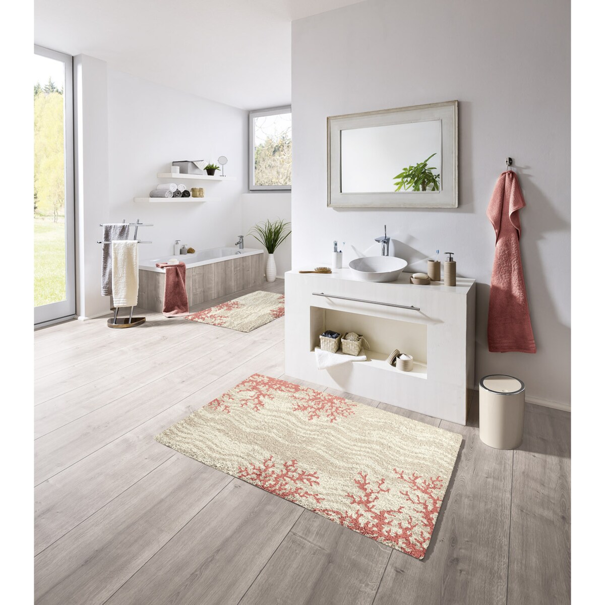 Kleine Wolke Coral Tkany dywanik łazienkowy 60x60 cm beż połysk Eco Living bawełna/wiskoza