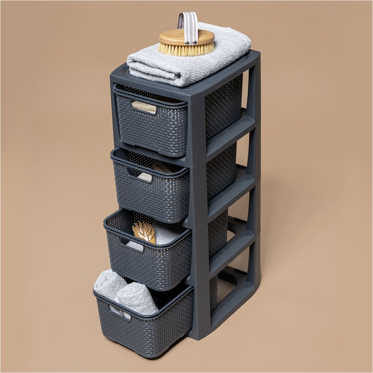 Regał Stojak Łazienkowy Rattanowy Szafka Z Koszami 4 X 7L Antracyt