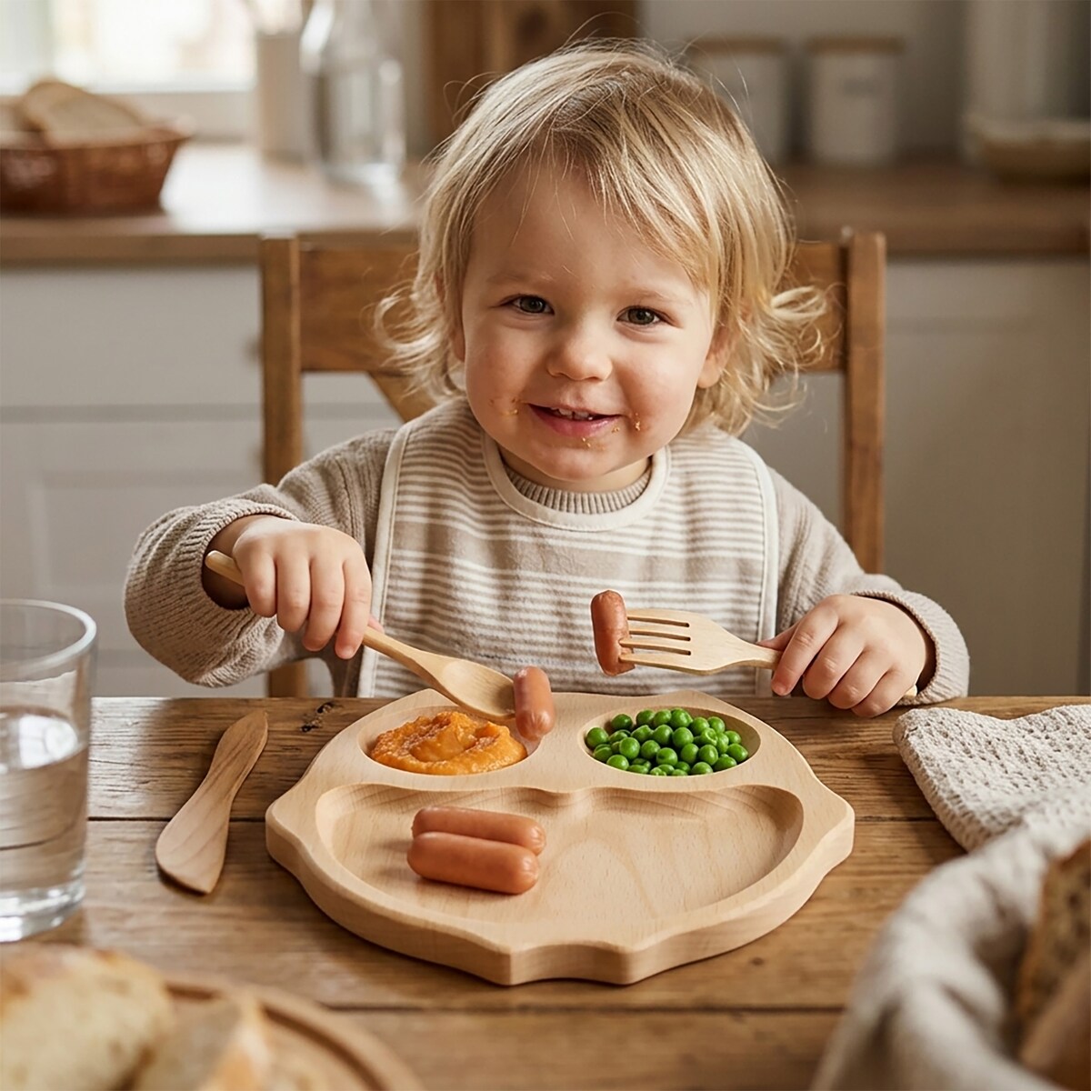 Tacka Drewniana Dla Dzieci Sowa Zestaw Talerzyk + Sztućce Naturalne Drewno