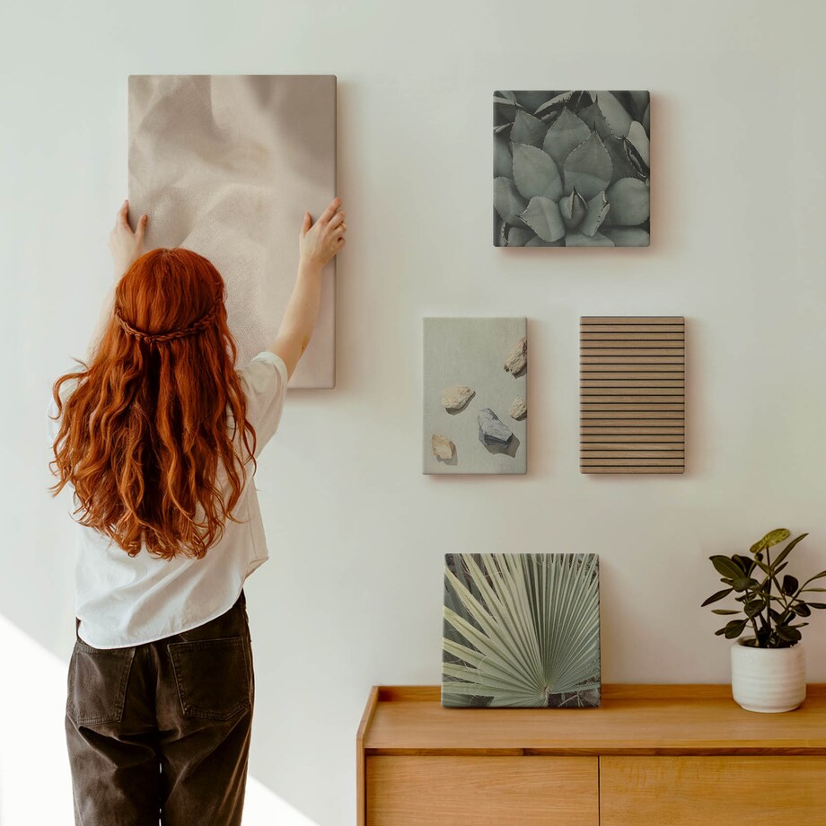 Zestaw 5 obrazów na płótnie - Kamienie drewno tkaniny tekstury boho - brązowy