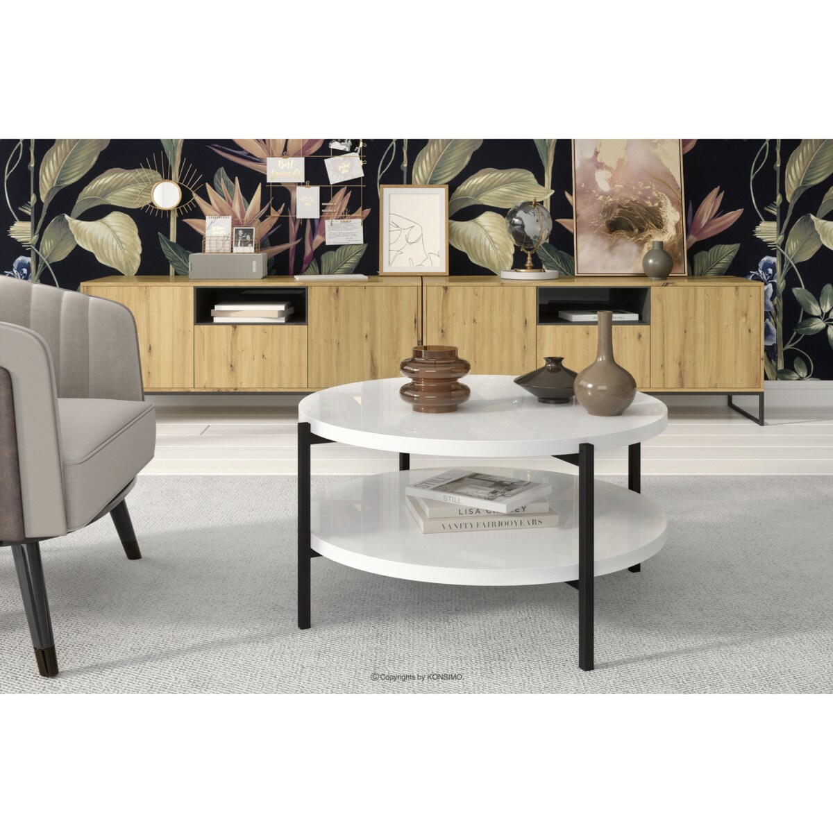 KONSIMO GERIS Stolik kawowy w stylu loftowym z półką, biały połysk