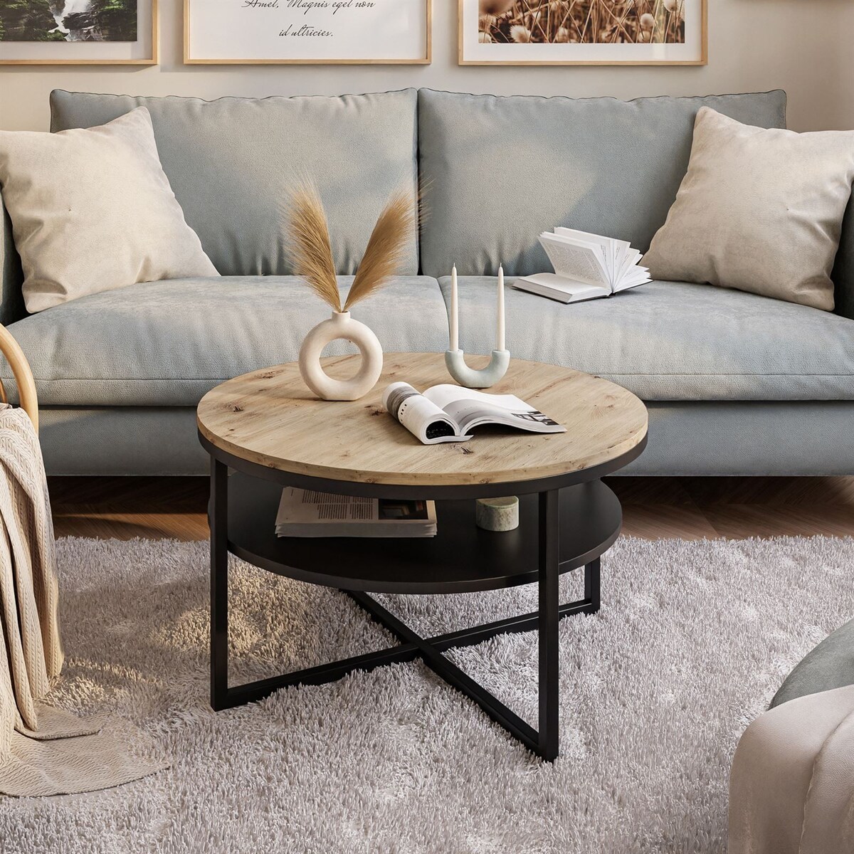 Stolik kawowy CIRI-X z półką czarny dąb artisan