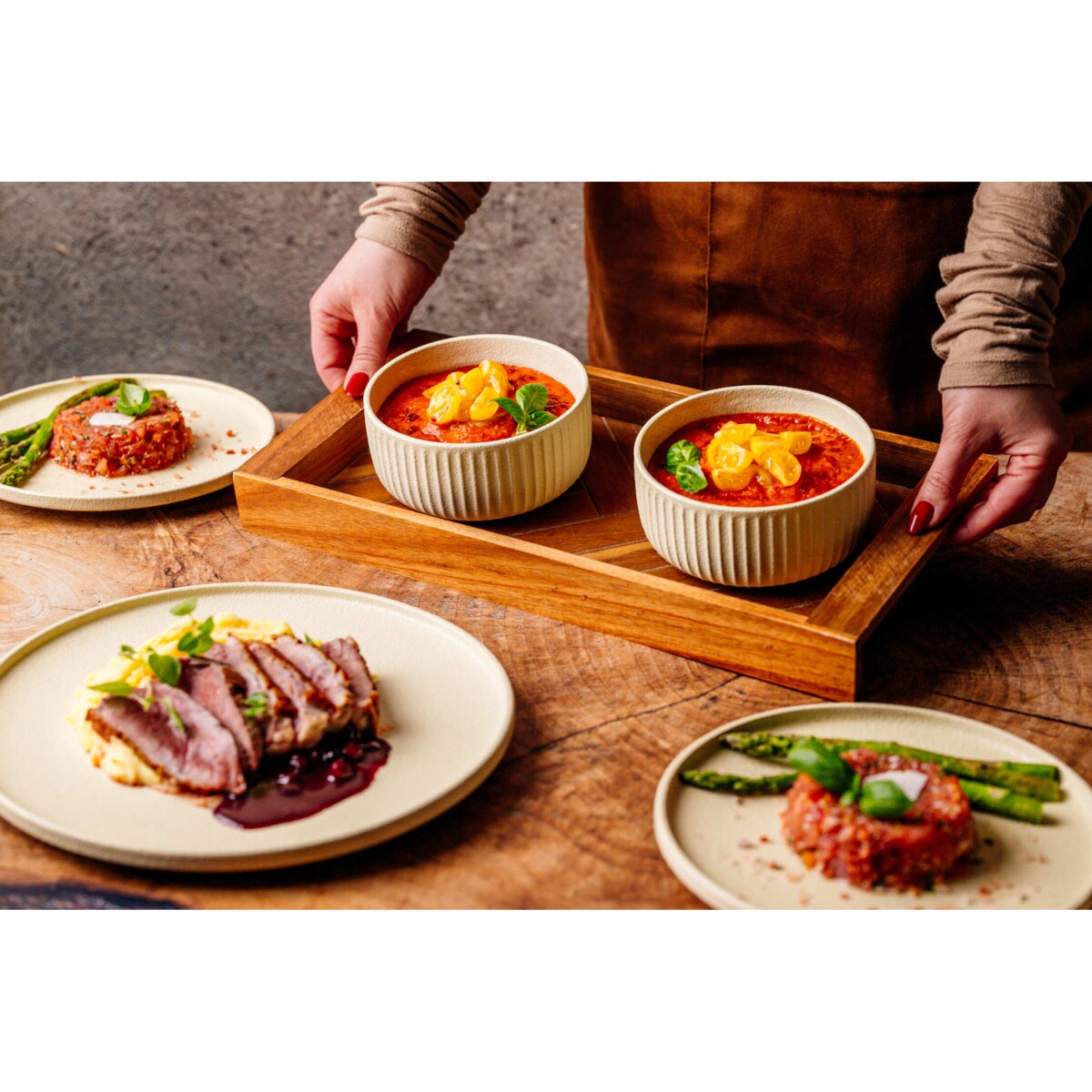 Serwis obiadowy Anun beżowy na 12 osób 36 szt. Nowoczesny Do zmywarki Komplet talerzy