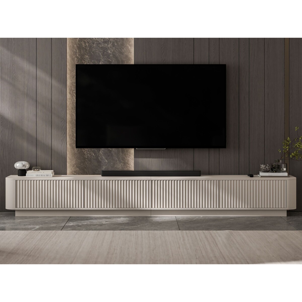 Szafka RTV Uniwersalna 280 cm Glamour Ryflowane Fronty Kaszmir Mat Nowoczesna Komoda RTV