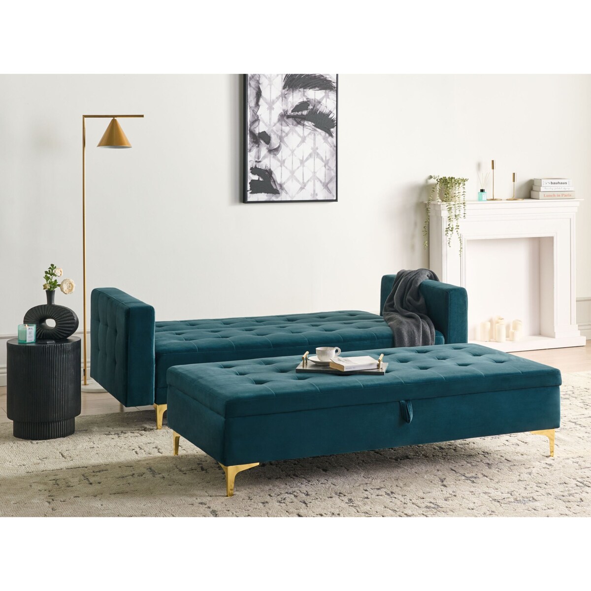 Sofa rozkładana welurowa z otomaną ze schowkiem zielona ABERDEEN