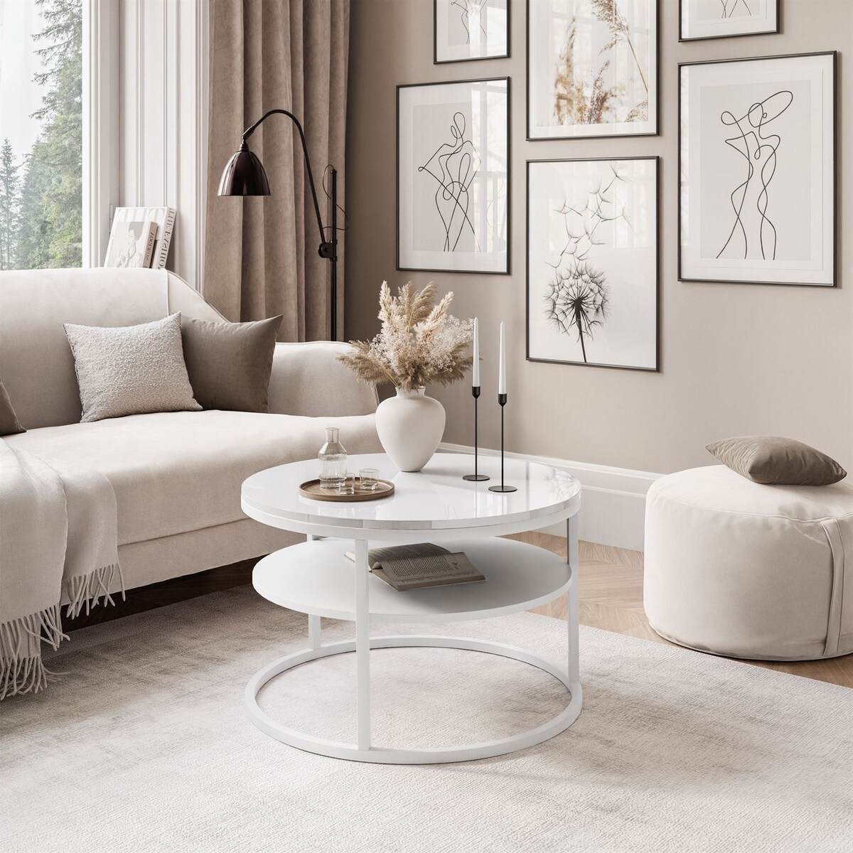 Stolik kawowy CIRI SLIM z półką biały połysk