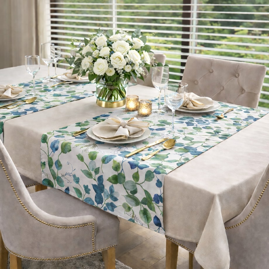 Bieżnik z motywem liści i ptaków Blue Sparrow – 50 × 150 cm