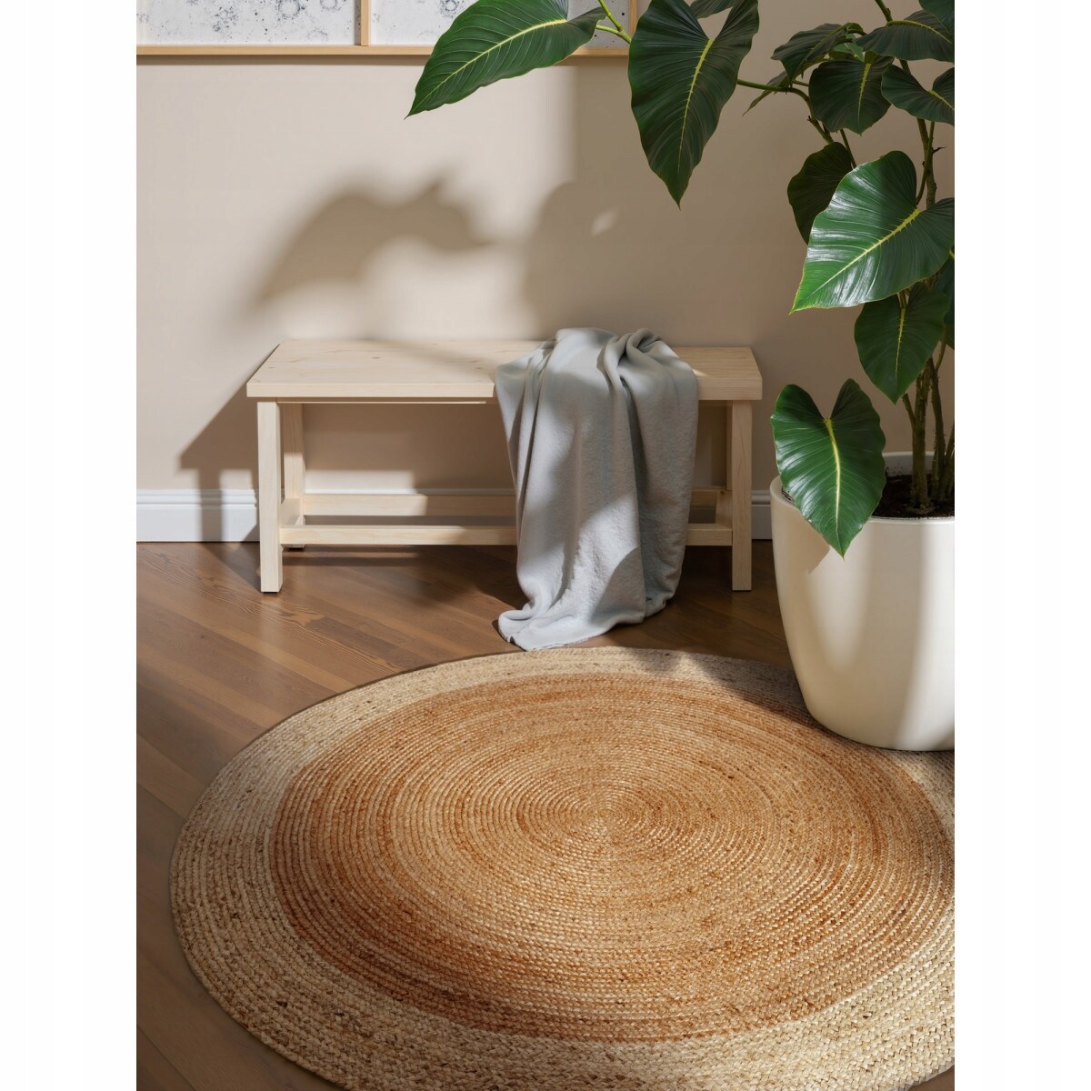 Dywan okragły jutowy 120cm, beżowo kremowy dwustronny,tkany ręcznie