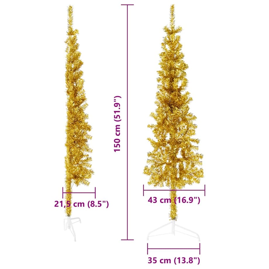 vidaXL Smukła choinka połówka ze stojakiem, sztuczna, złota, 150 cm