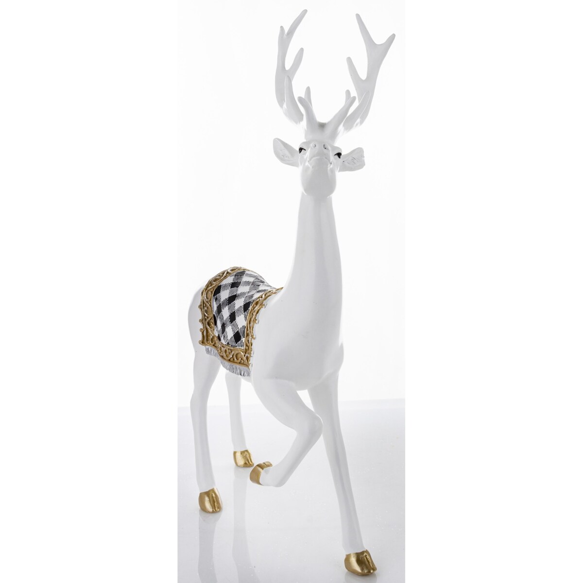 Figurka - spacer białego jelenia 46x28x14 cm BOLLERO-3 z czaprakiem w szachownicę