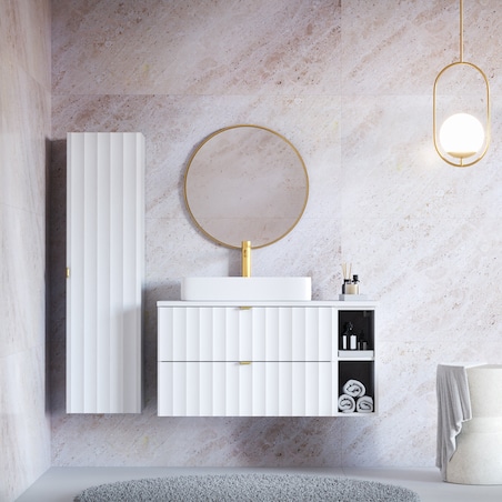 Szafka pod umywalkę z blatem, 80 cm, ryflowana, złote uchwyty, biała Arcos