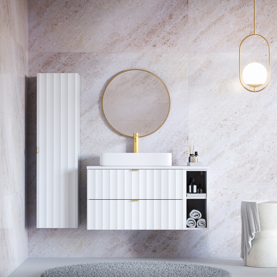Szafka pod umywalkę z blatem, 80 cm, ryflowana, złote uchwyty, biała Arcos