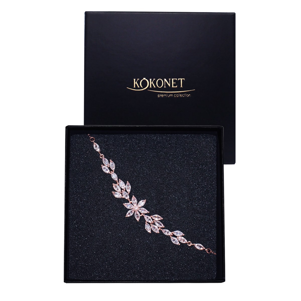 Bransoletka ślubna z kwiatami cyrkonie kryształki rose gold piękna wesele KLASA