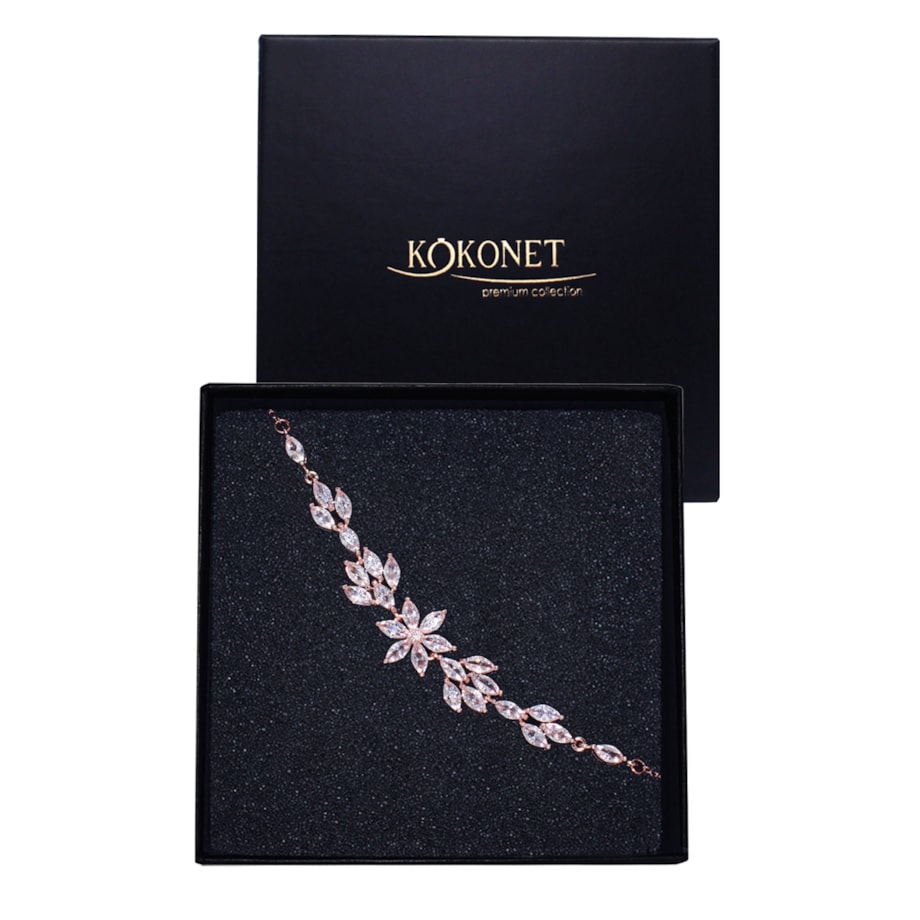 Bransoletka ślubna z kwiatami cyrkonie kryształki rose gold piękna wesele KLASA