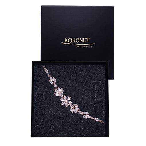 Bransoletka ślubna z kwiatami cyrkonie kryształki rose gold piękna wesele KLASA