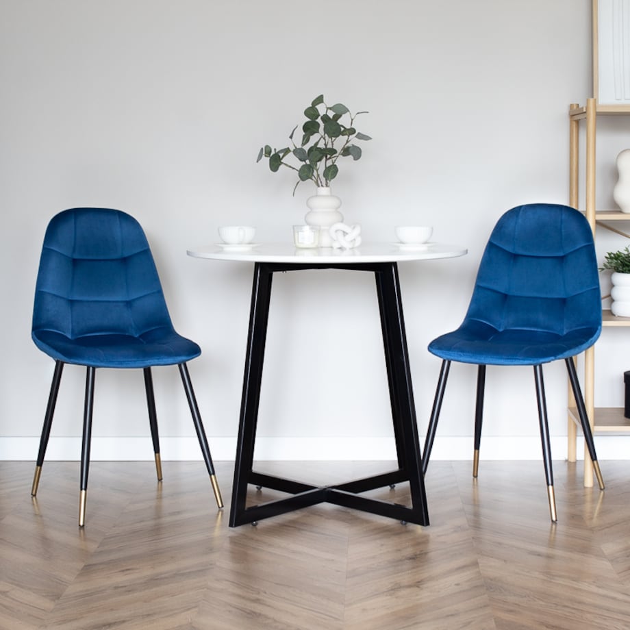 Krzesło tapicerowane pikowane welurowe granatowe złote nogi do salonu