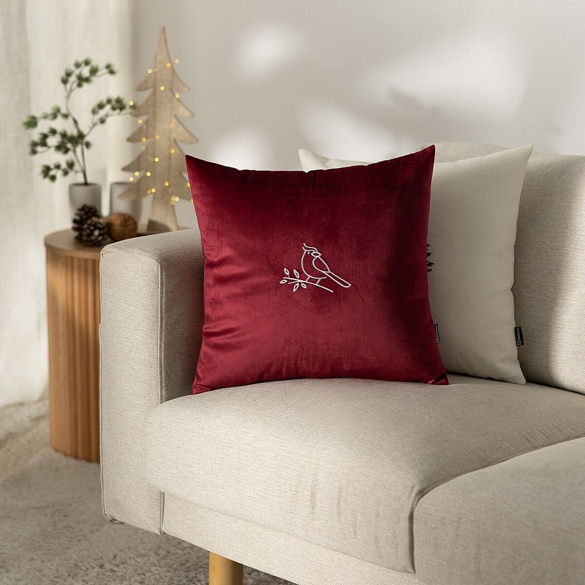 Poszewka na poduszkę Bird on Branch 43x43 cm boże narodzenie, święta, świąteczne, bordowy , 43 x 43cm