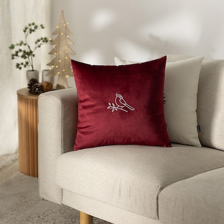 Poszewka na poduszkę Bird on Branch 43x43 cm boże narodzenie, święta, świąteczne, bordowy , 43 x 43cm