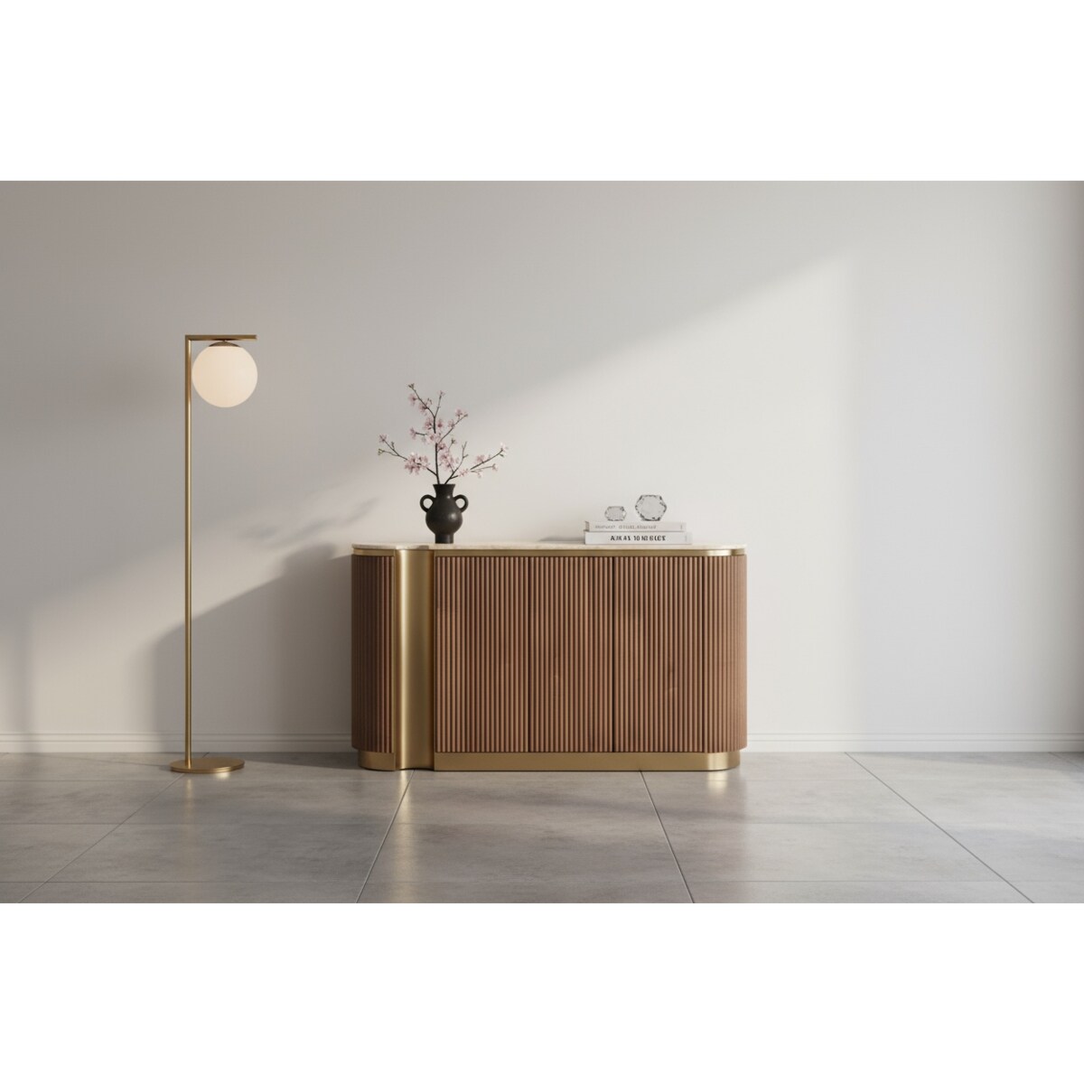 Ryflowana komoda drewniana brązowa złota Nutris Glamour Premium z blatem marmurowym 158x40x88