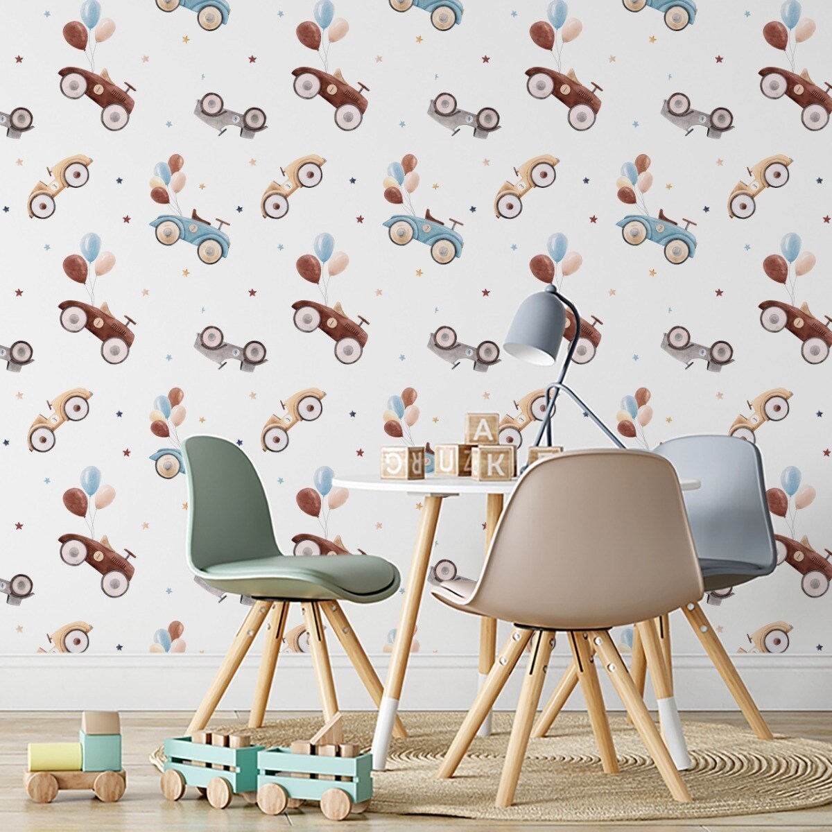 Tapeta Dziecięca Retro SAMOCHODY Baloniki Gwiazdki