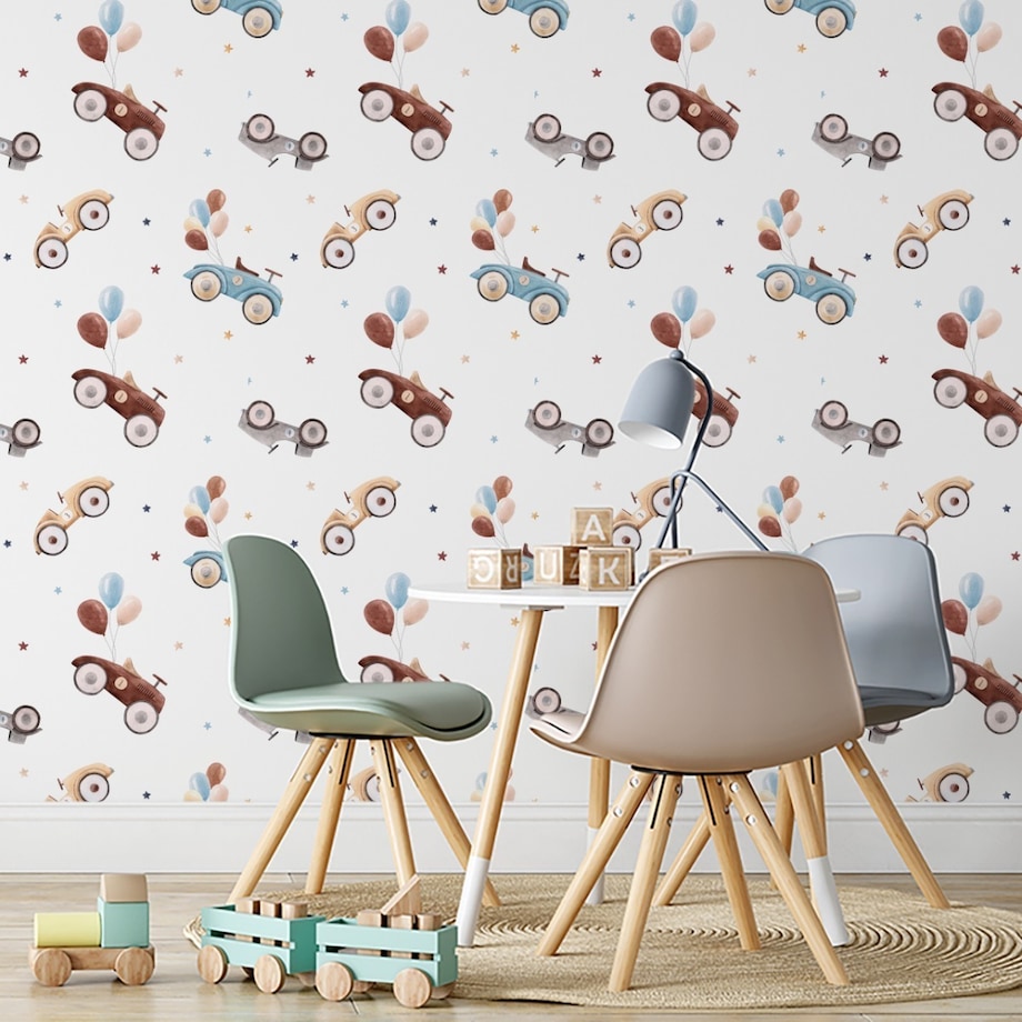 Tapeta Dziecięca Retro SAMOCHODY Baloniki Gwiazdki